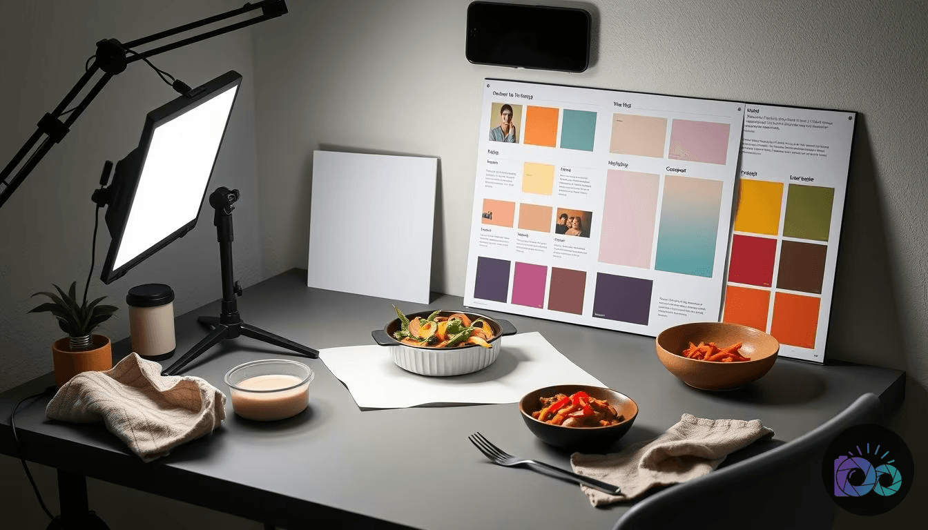 A detailed tabletop food photography setup with an LED panel light, tripod, various food dishes, and a color palette...