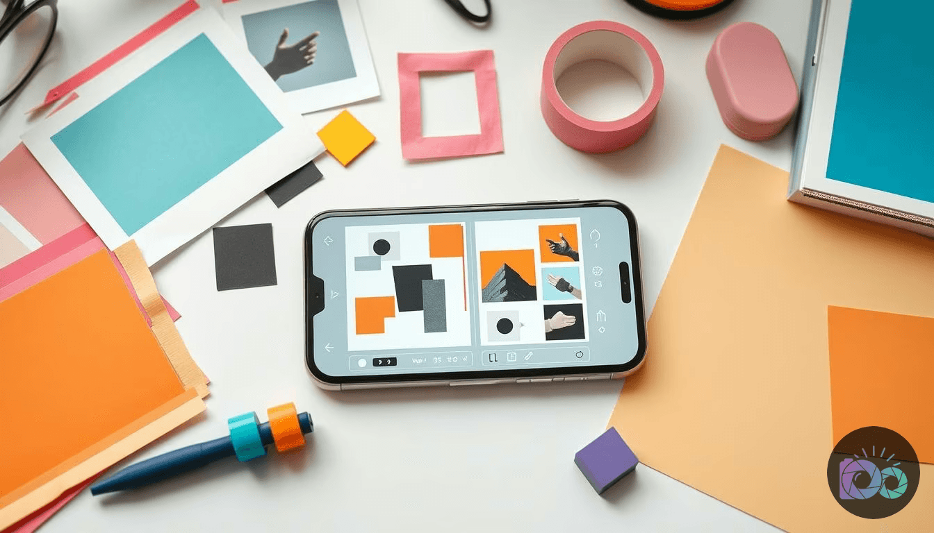 A flat lay displays a smartphone running a design app, surrounded by colorful paper swatches, graphic elements, and...