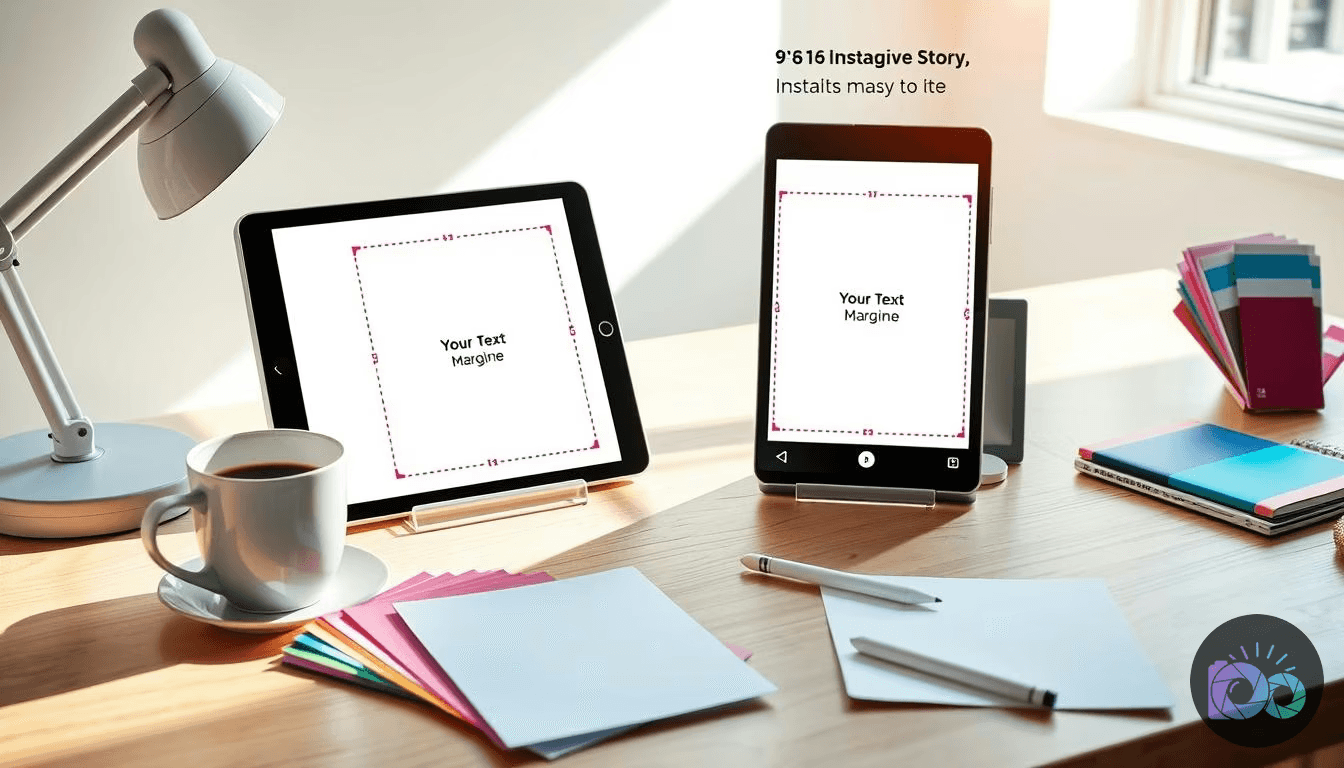 A tablet and a smartphone displaying text margin guides for digital content layout are arranged on a wooden desk with a...