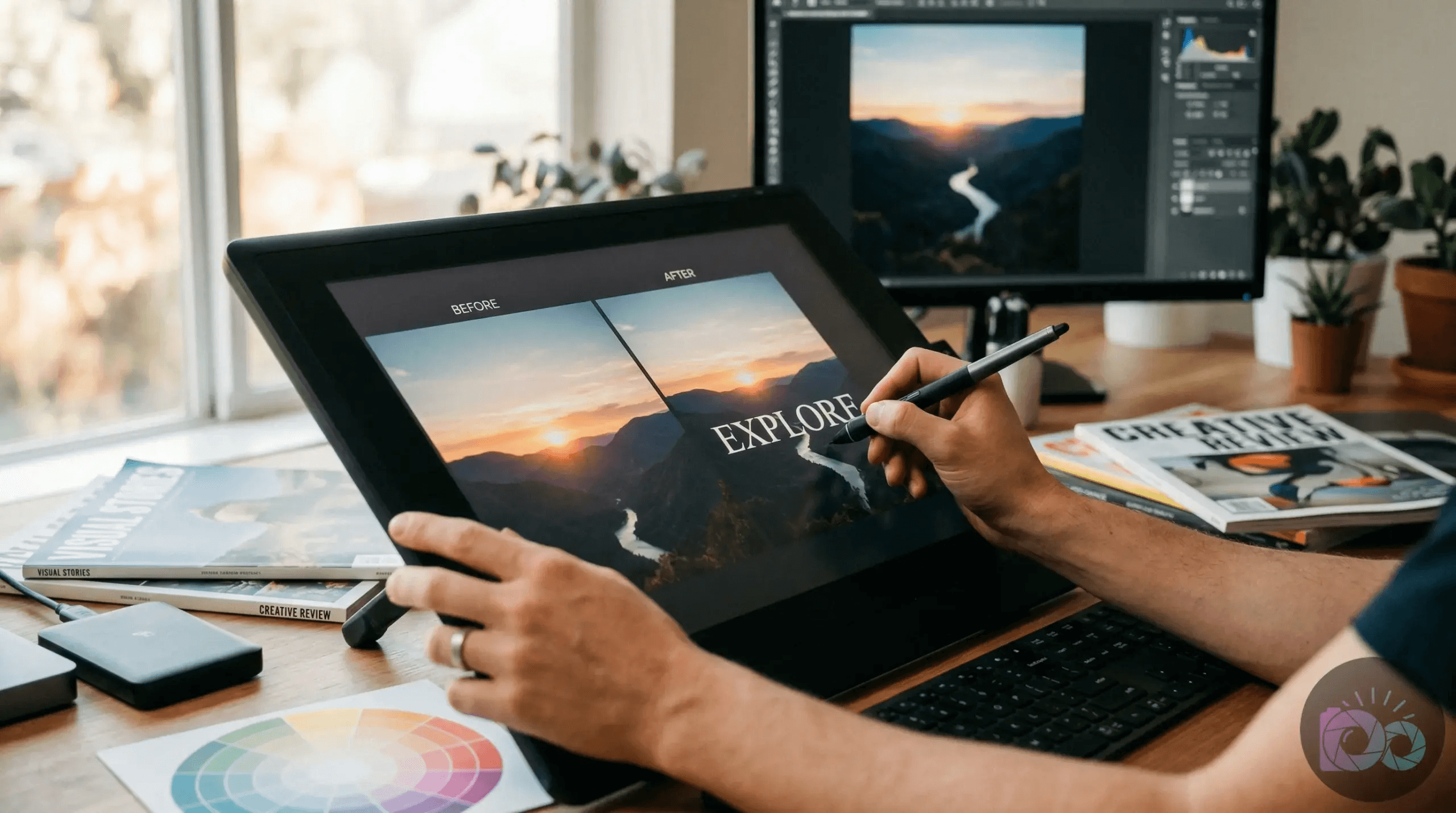 A person uses a stylus on a large pen display tablet to edit a landscape photo, showcasing a "before and after"...
