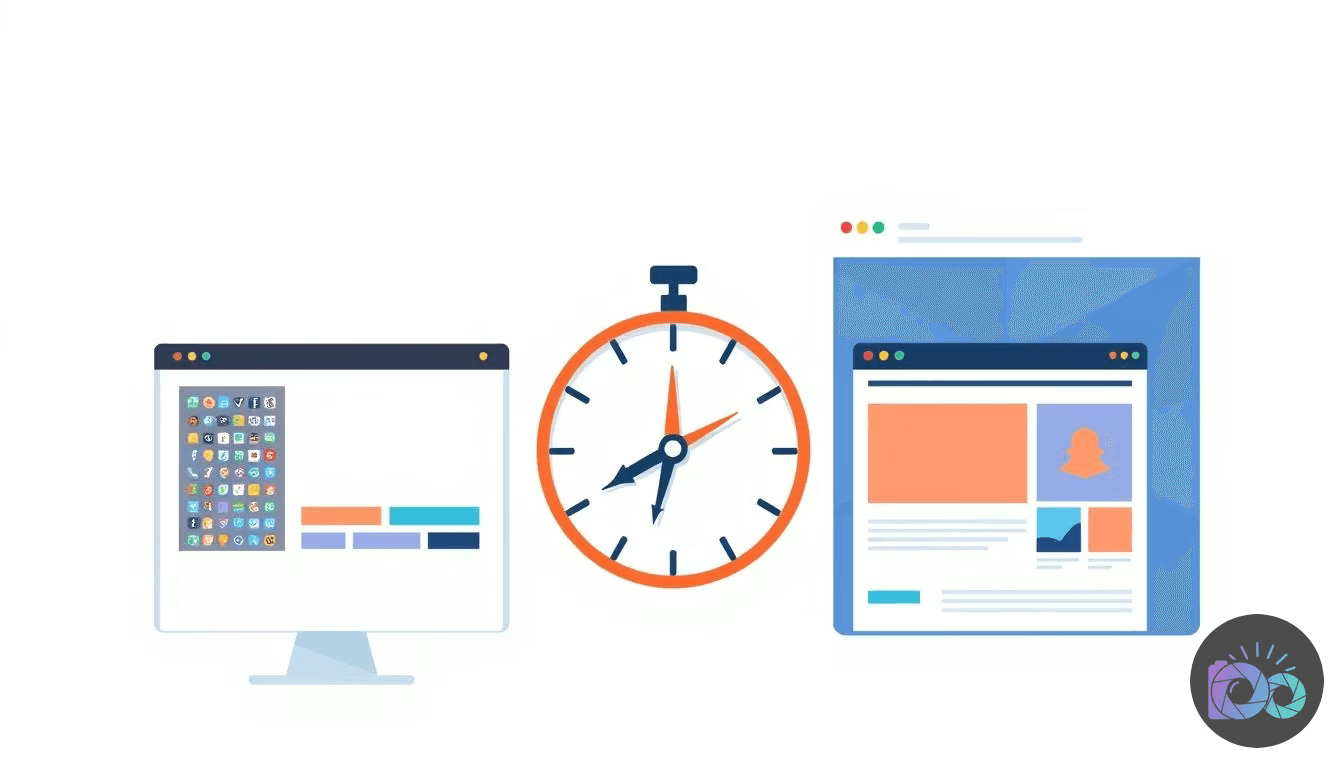 An illustration comparing app usage on a desktop monitor, a stopwatch indicating time spent, and a browser window showing...