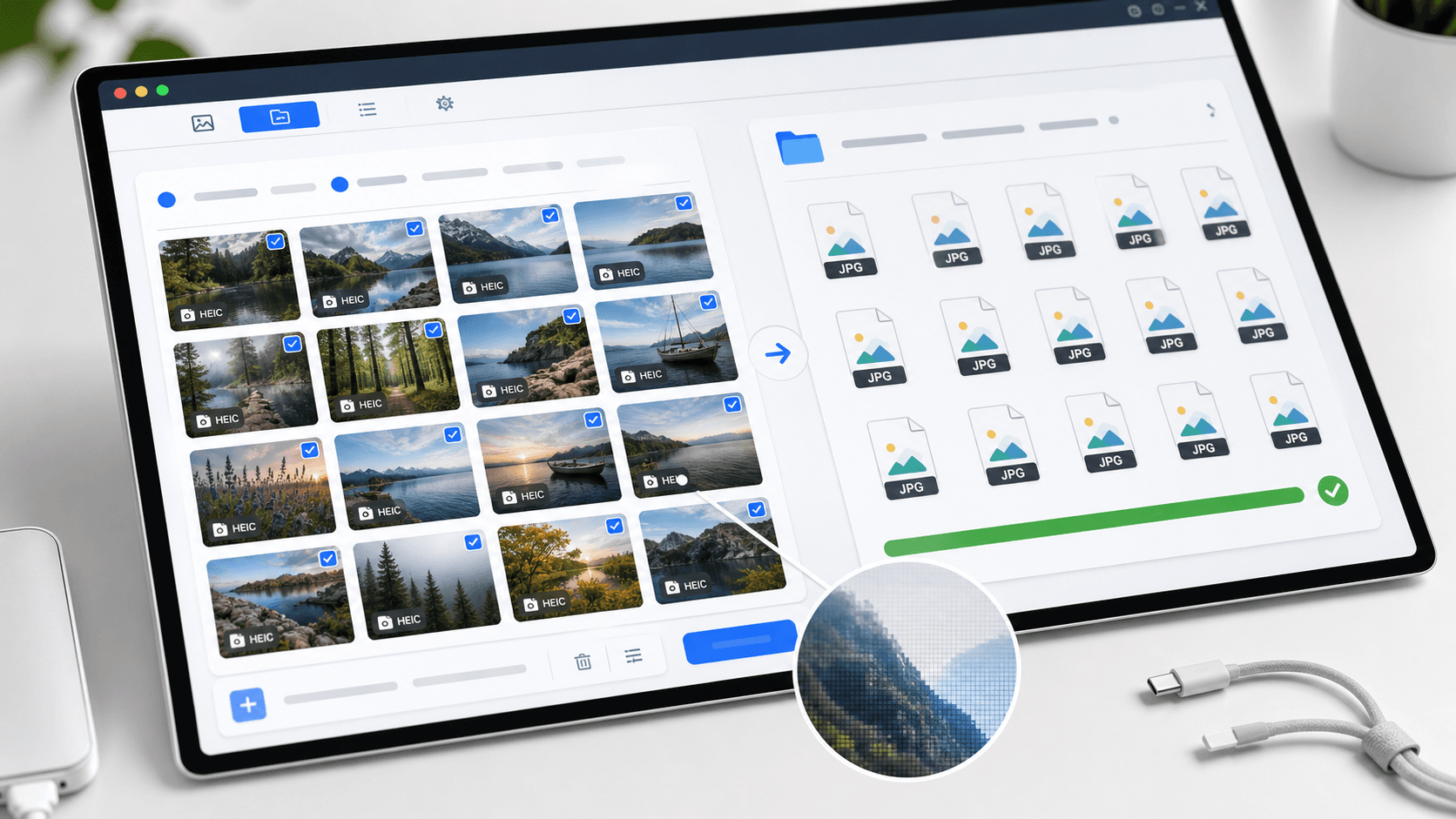 HEIC photo batch converted into JPG files with a pixel-check magnifier