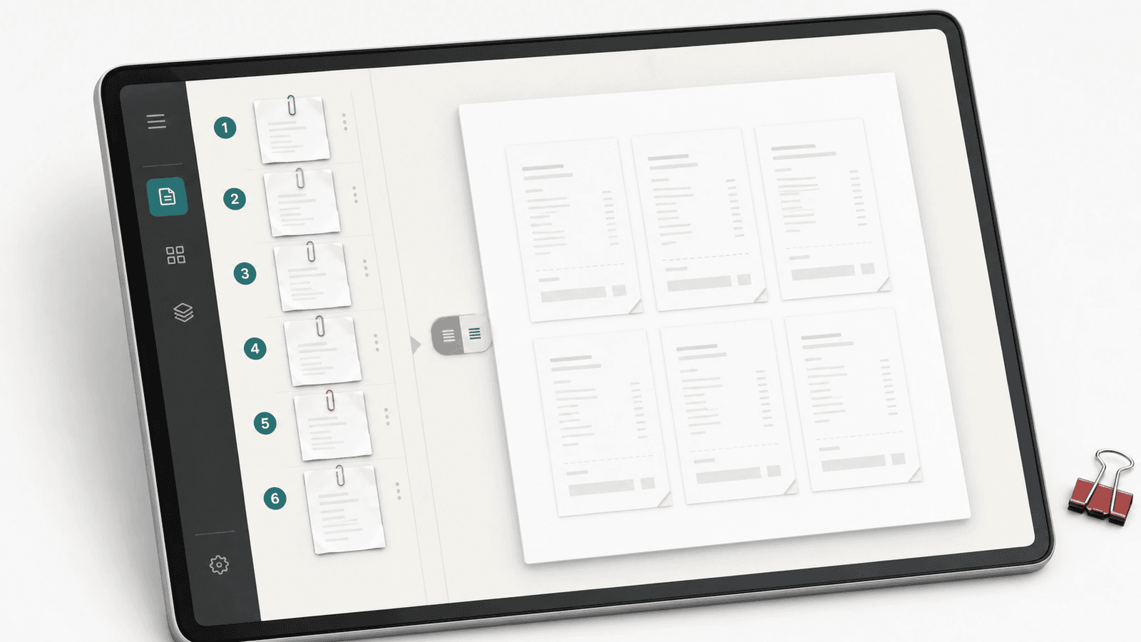 Six numbered receipt thumbnails beside a finished PDF page preview