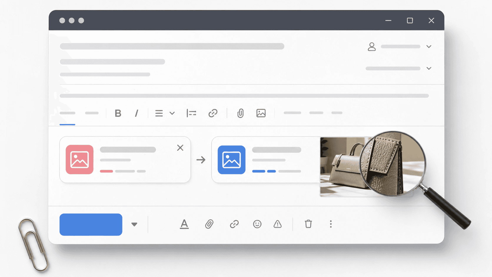 Upload window mockup with an image file card, magnifying glass showing crisp pixels, and an attachment clip.