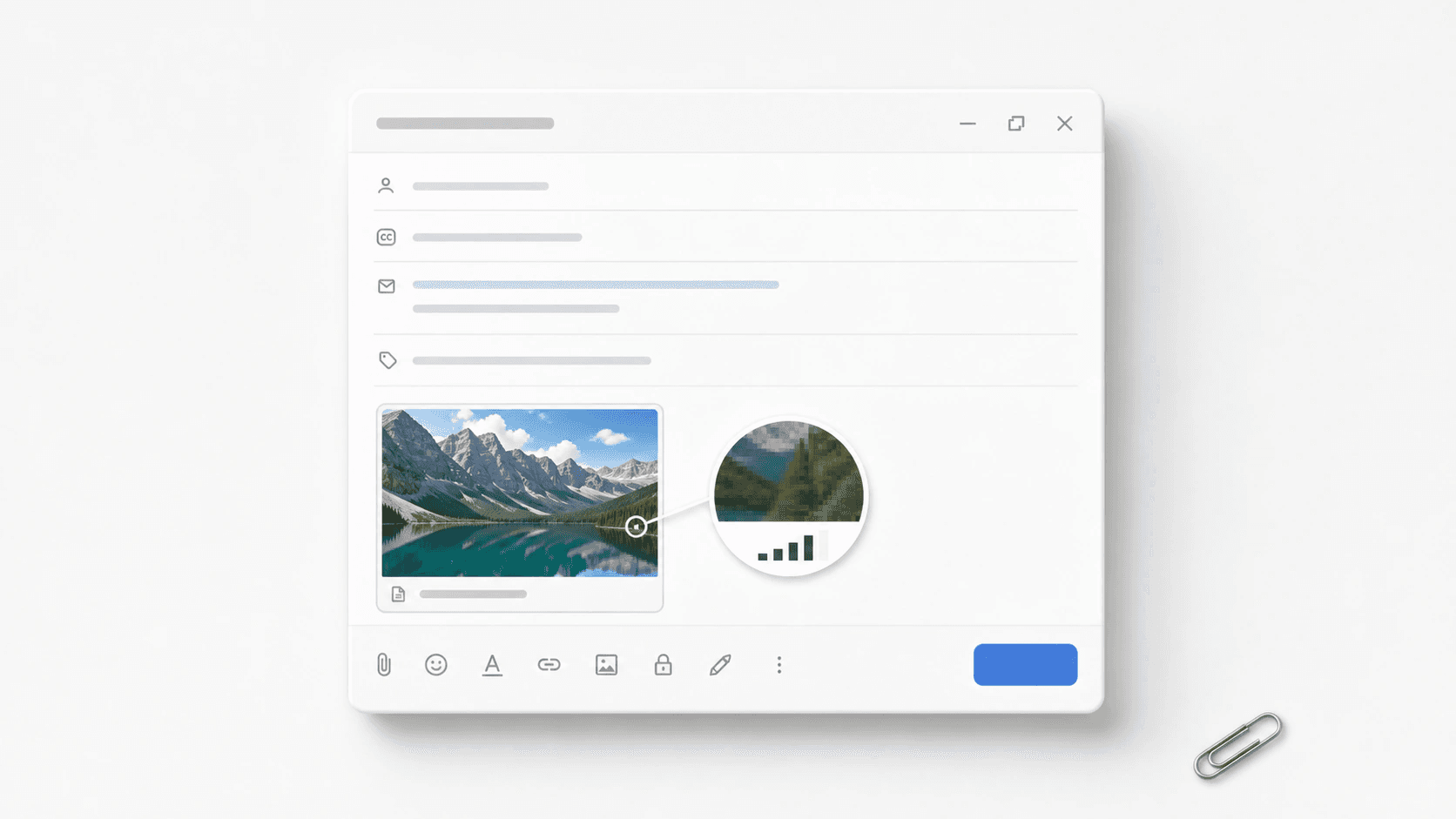 Email compose mockup with a compressed photo thumbnail and a small pixel-check magnifier beside it.