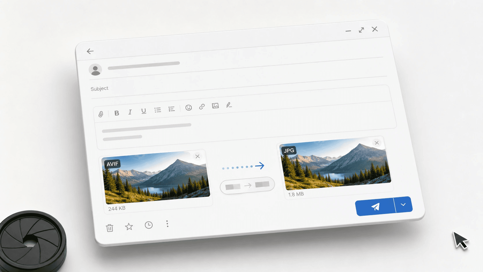 Email mockup with an AVIF thumbnail changing into a JPG attachment and a visible before-after size pill.