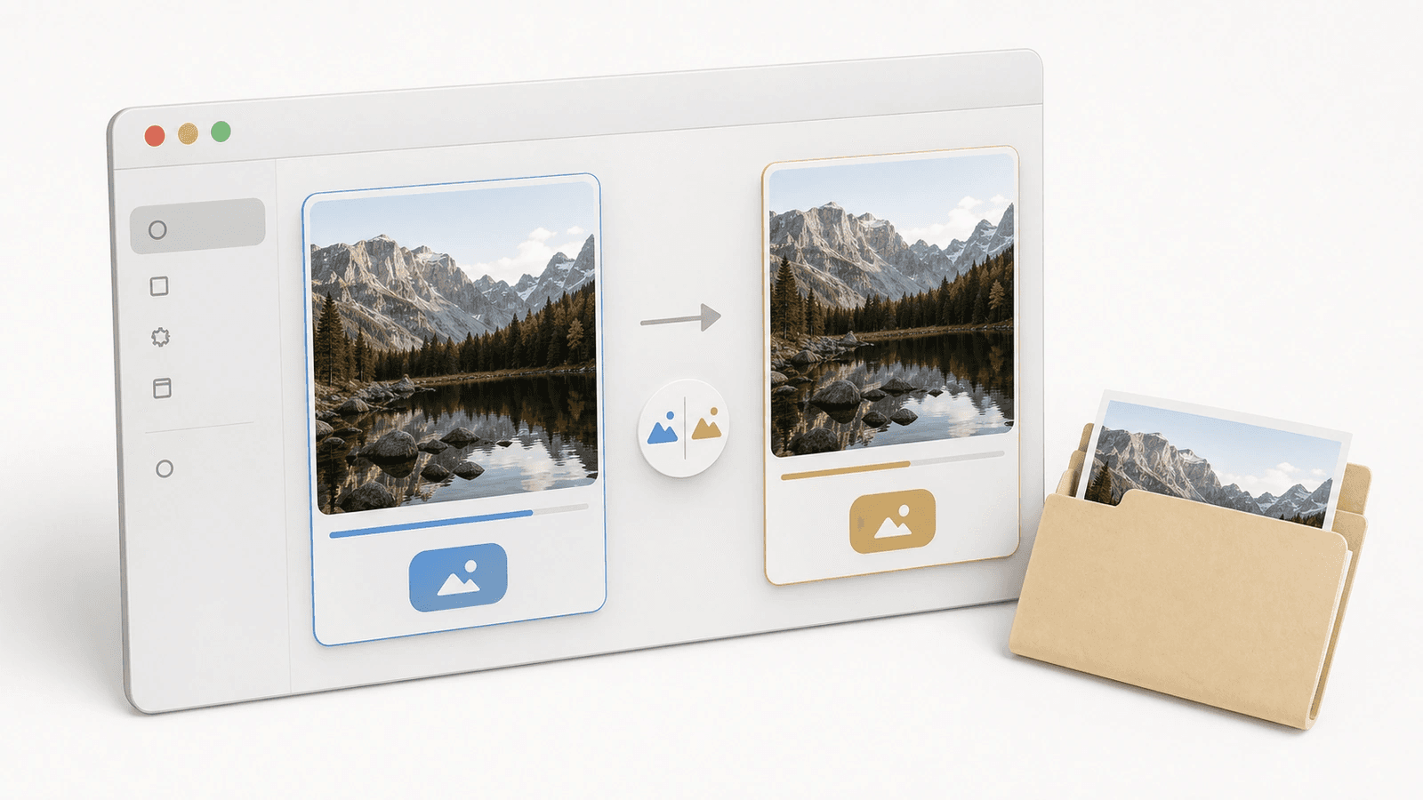 Mac-style export card with source photo and separate JPG folder