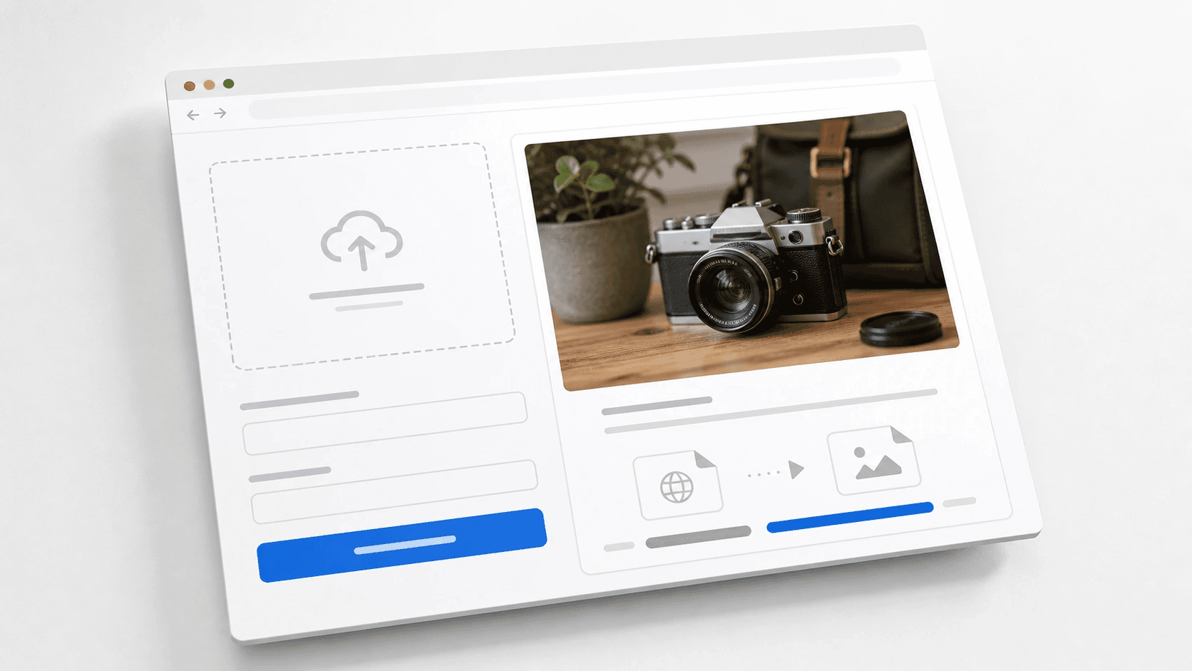 Upload form mockup with accepted photo preview and abstract file-size comparison bars.