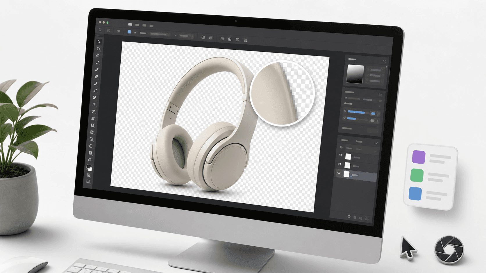 Editor mockup showing a converted PNG with checkerboard transparency and a loupe on the alpha edge.