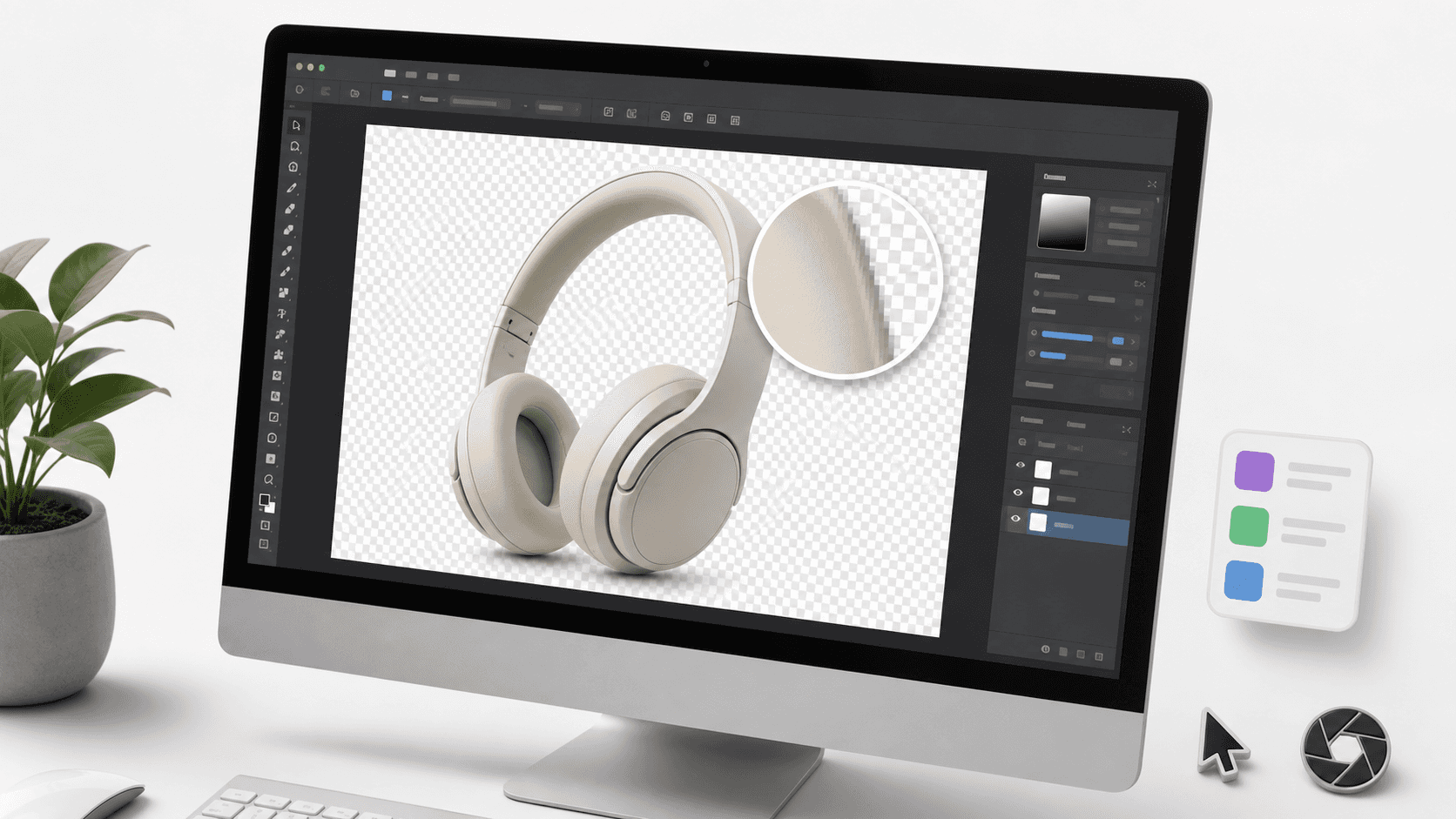 Editor mockup showing a converted PNG with checkerboard transparency and a loupe on the alpha edge.