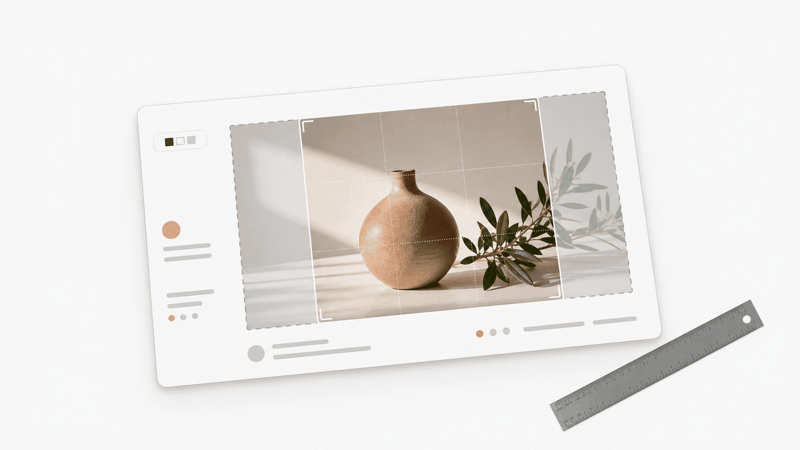 Rotated slide mockup with a 4:3 crop frame around a ceramic still life