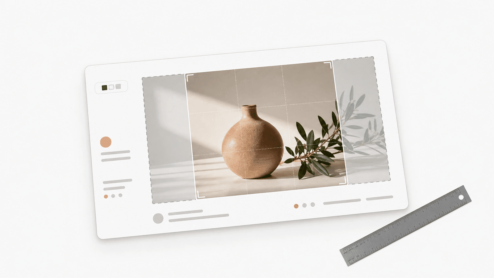 Rotated slide mockup with a 4:3 crop frame around a ceramic still life