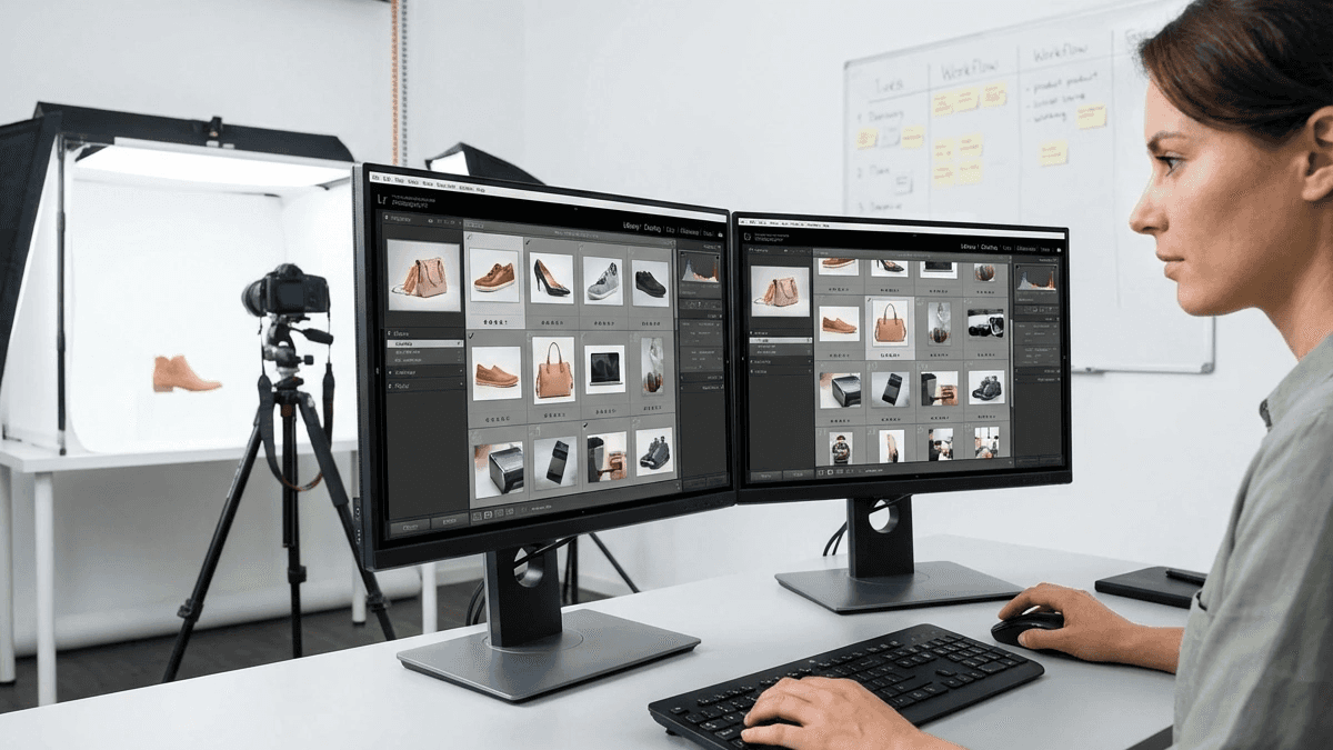 Seller sorting square product listing thumbnails on two monitors beside a photo light tent