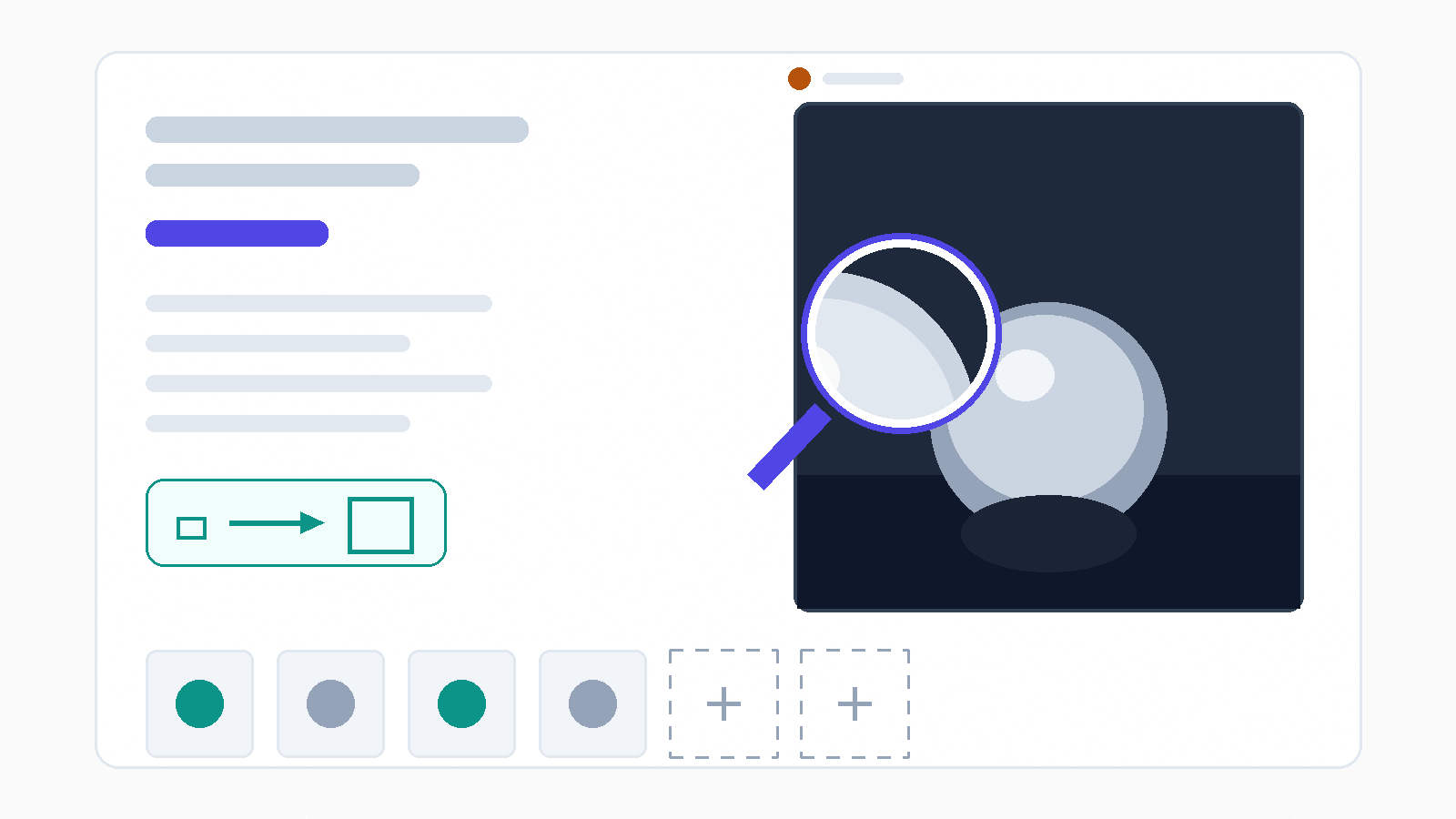 Marketplace listing mockup with a zoom loupe over a silver sphere product photo