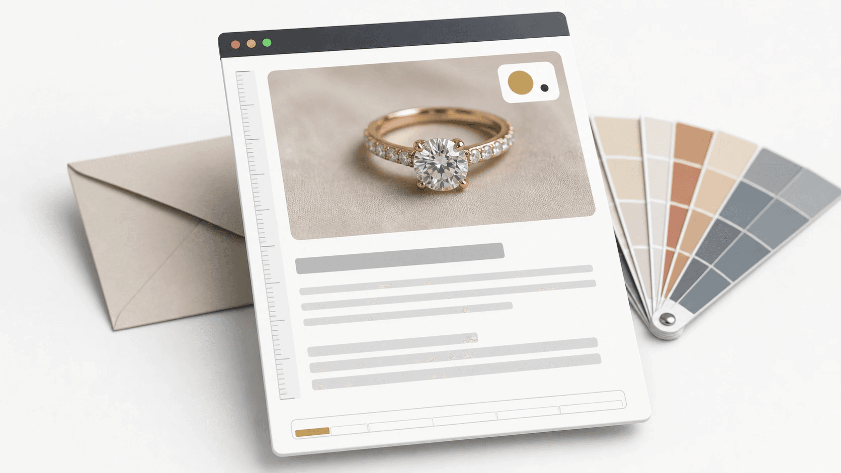 Email composition mockup with a ruler measuring the column width and a weight badge on the product image