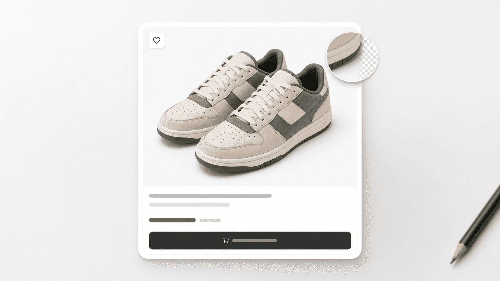 Marketplace product card mockup with a checkerboard edge inspection overlay around a cleaned sneaker photo.