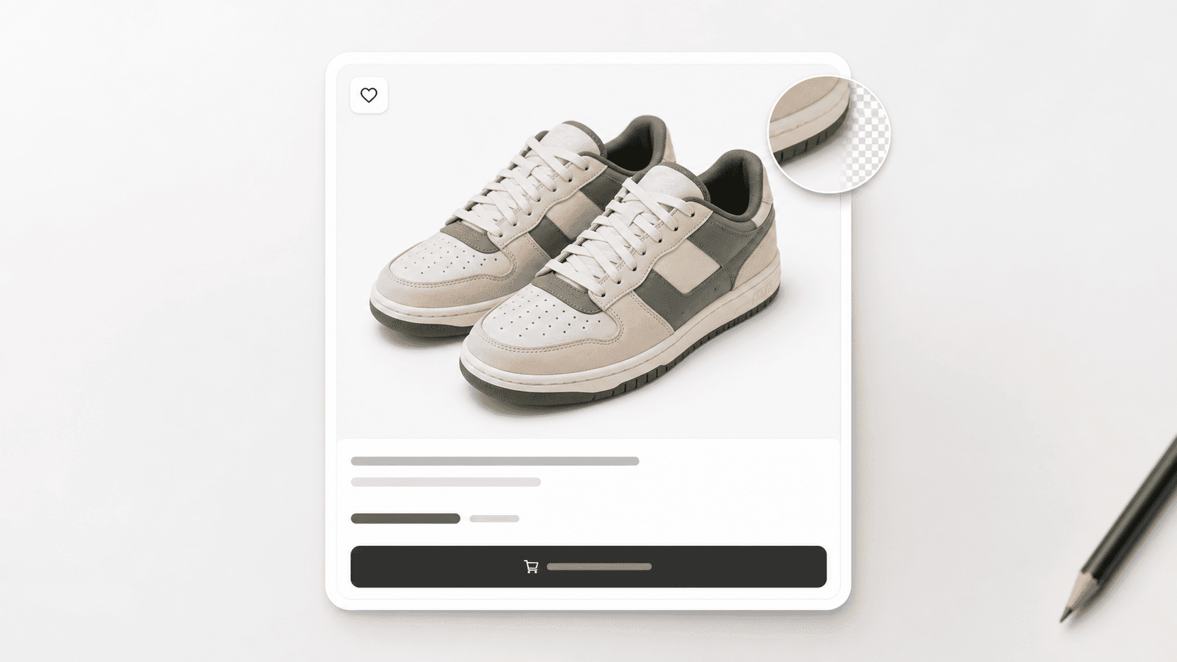 Marketplace product card mockup with a checkerboard edge inspection overlay around a cleaned sneaker photo.