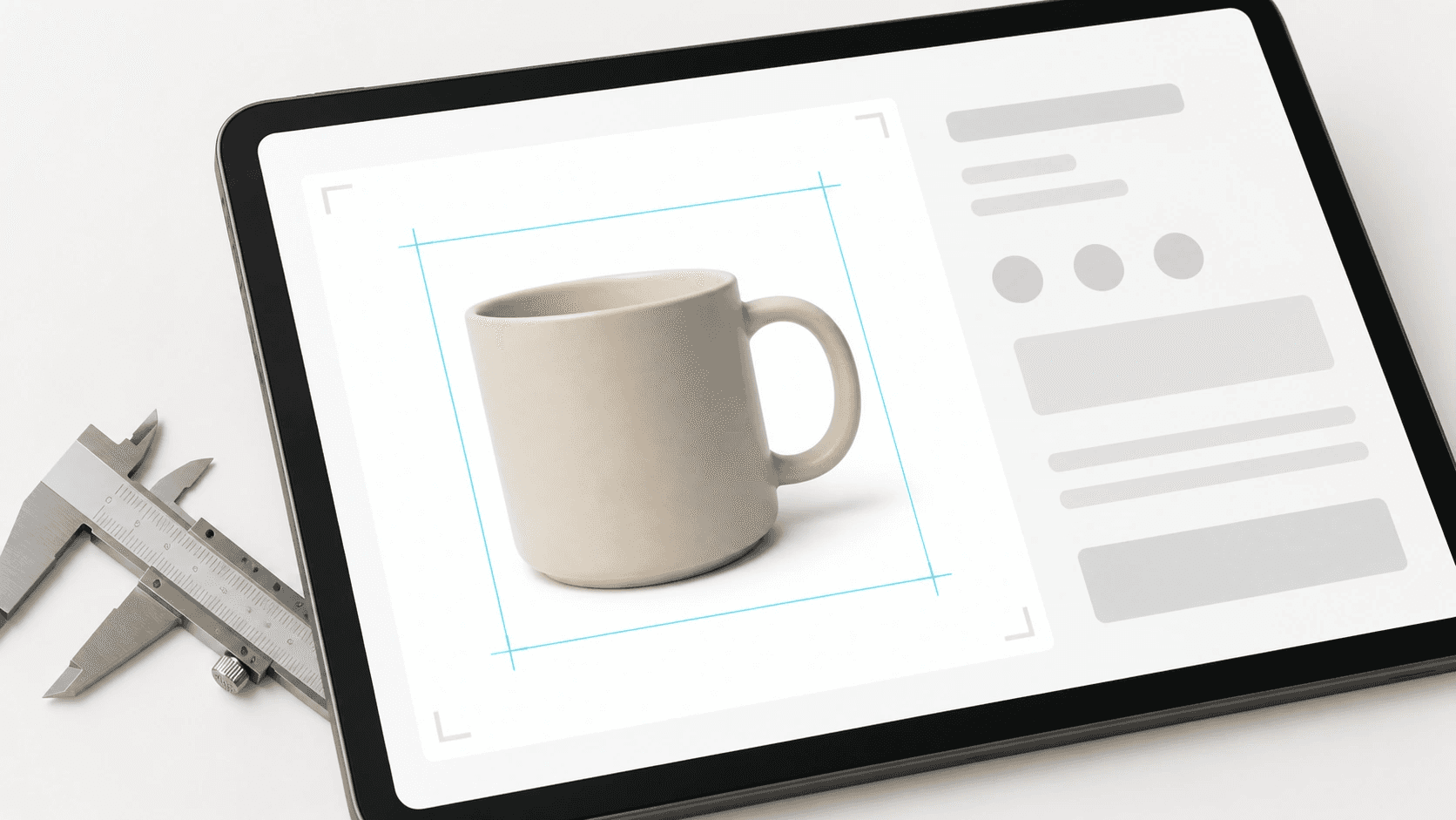 Cyan guide lines bracketing a ceramic mug inside a square listing frame, caliper resting beside the screen