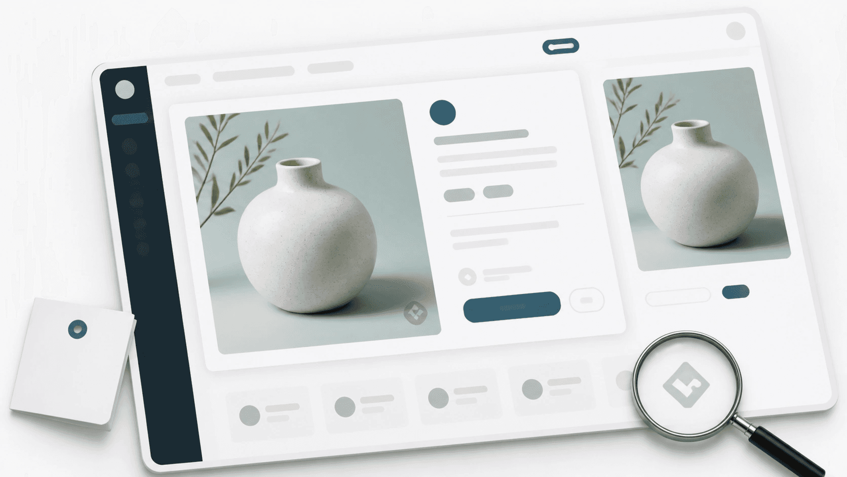 Marketplace mockup with corner watermark preview under a thumbnail magnifier