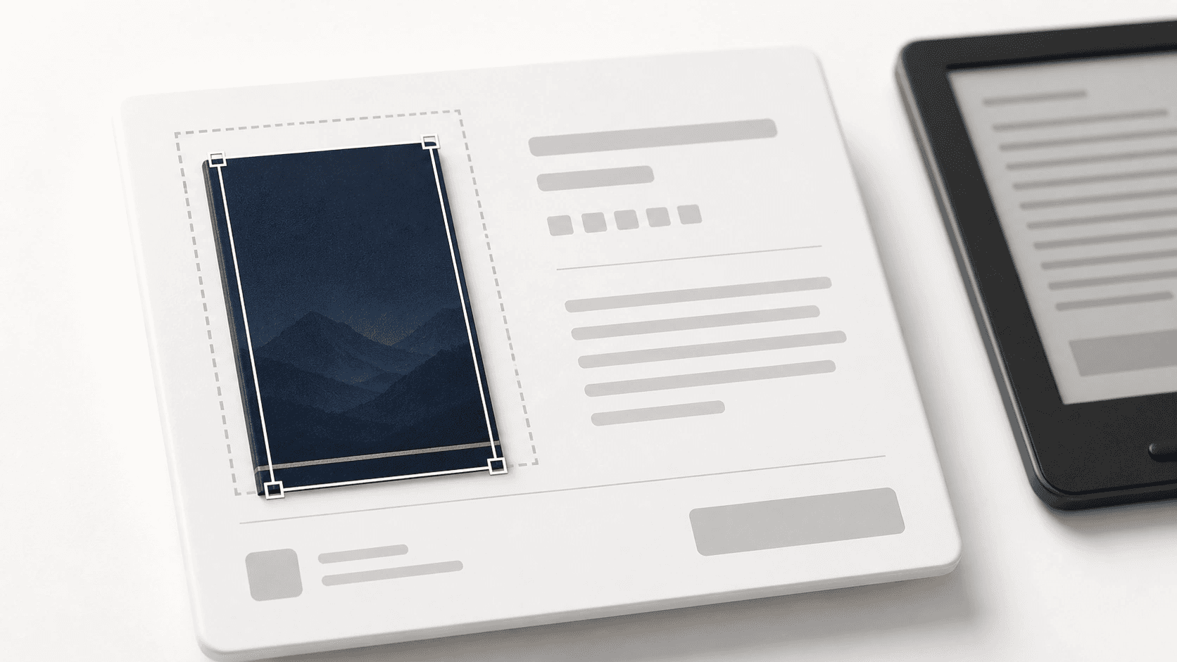 Storefront listing card with a tall cover thumbnail inside a crop guide against a square outline