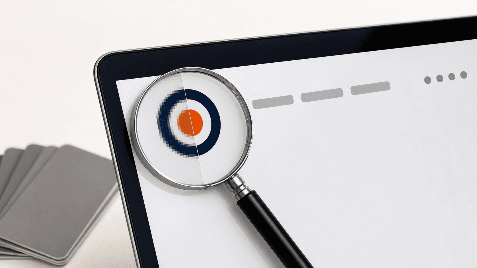 Loupe on a laptop nav bar magnifying a brand mark, blocky pixels left, crisp curves right