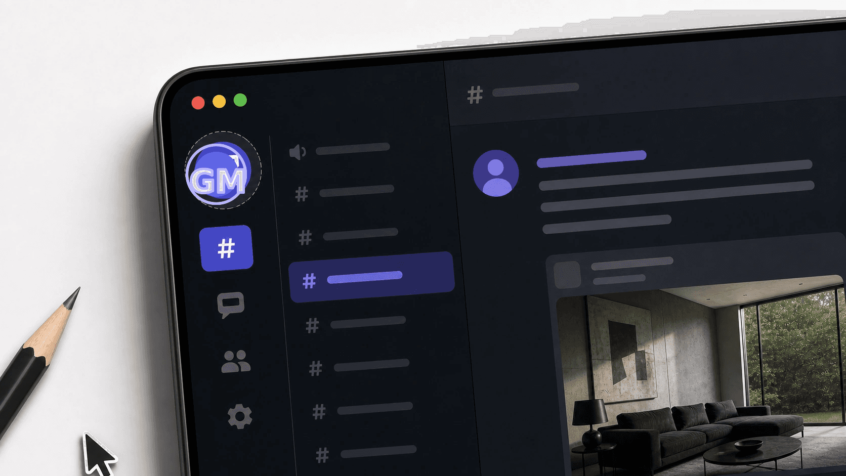 Chat workspace mockup with a circular server icon and visible safe-area ring around a two-letter logo.