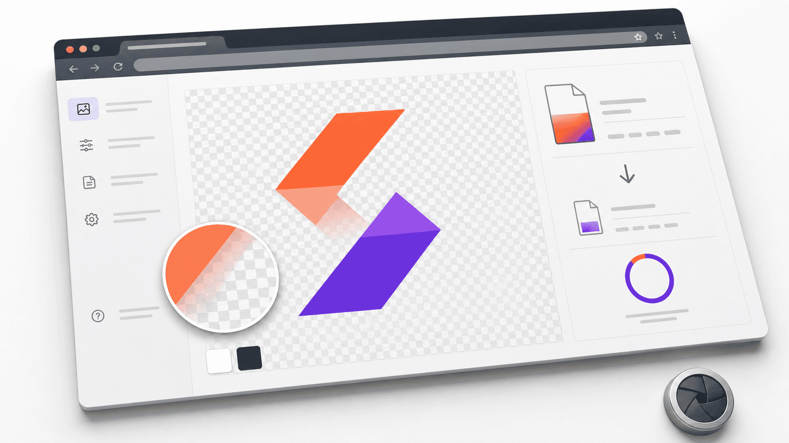 Compression mockup with a checkerboard logo and magnified soft transparent edge