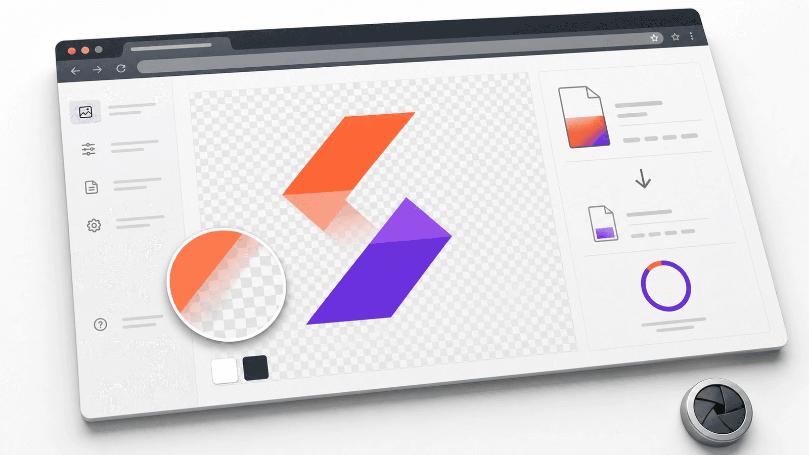 Compression mockup with a checkerboard logo and magnified soft transparent edge