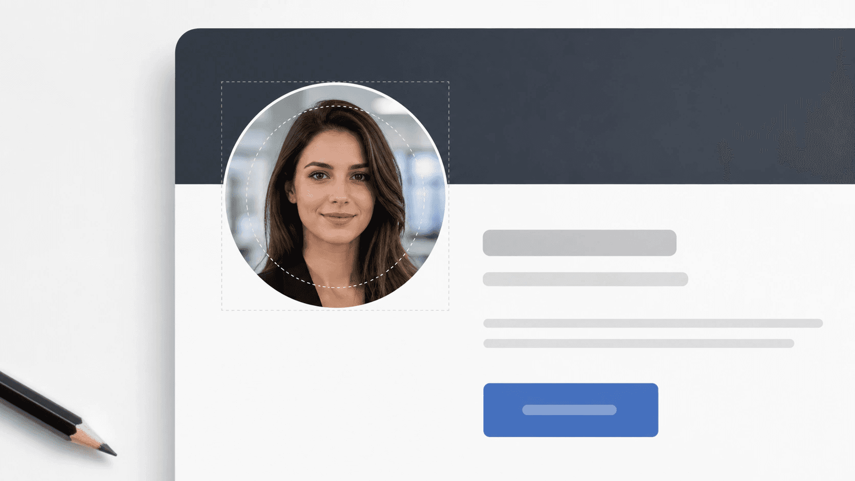 Professional profile card mockup with a before-and-after circular avatar crop and safe-zone guide.