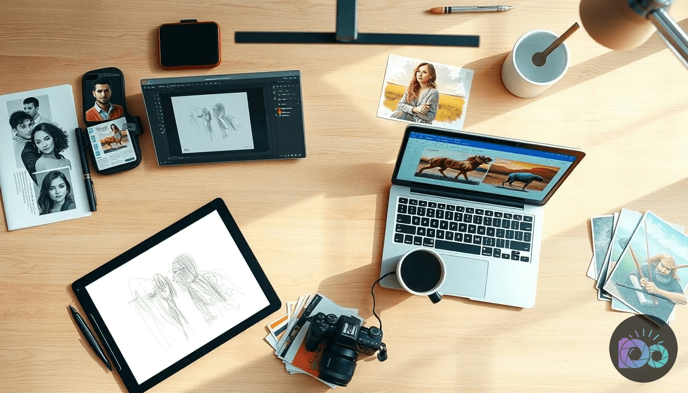 Overhead view of a creative workspace with a laptop, digital drawing tablet, graphics tablet, camera, and printed art...