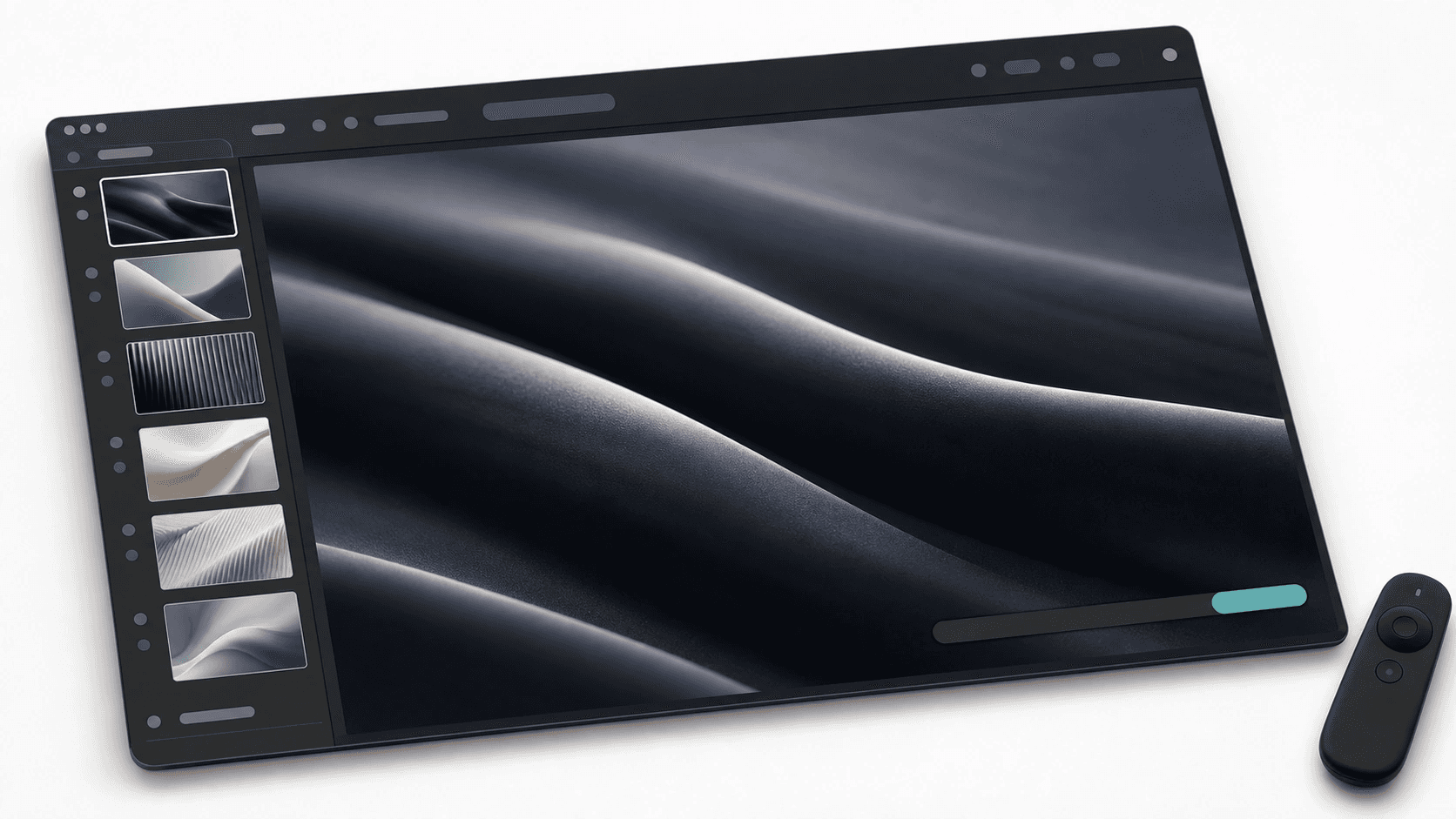 Slide editor window with a thumbnail film-strip and a shrinking file-weight bar next to a presenter clicker