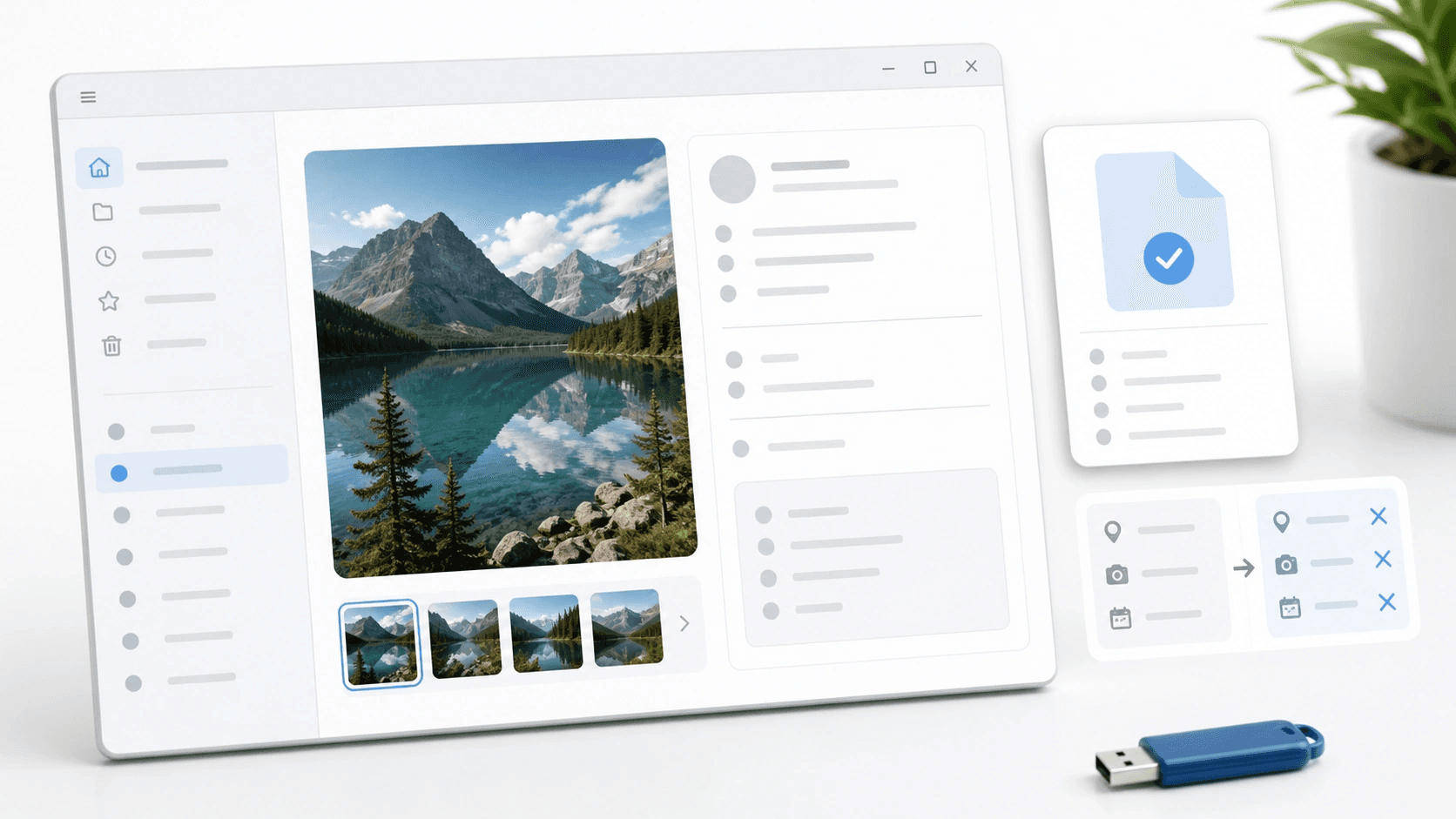 Clean photo copy beside crossed-out camera and location metadata icons