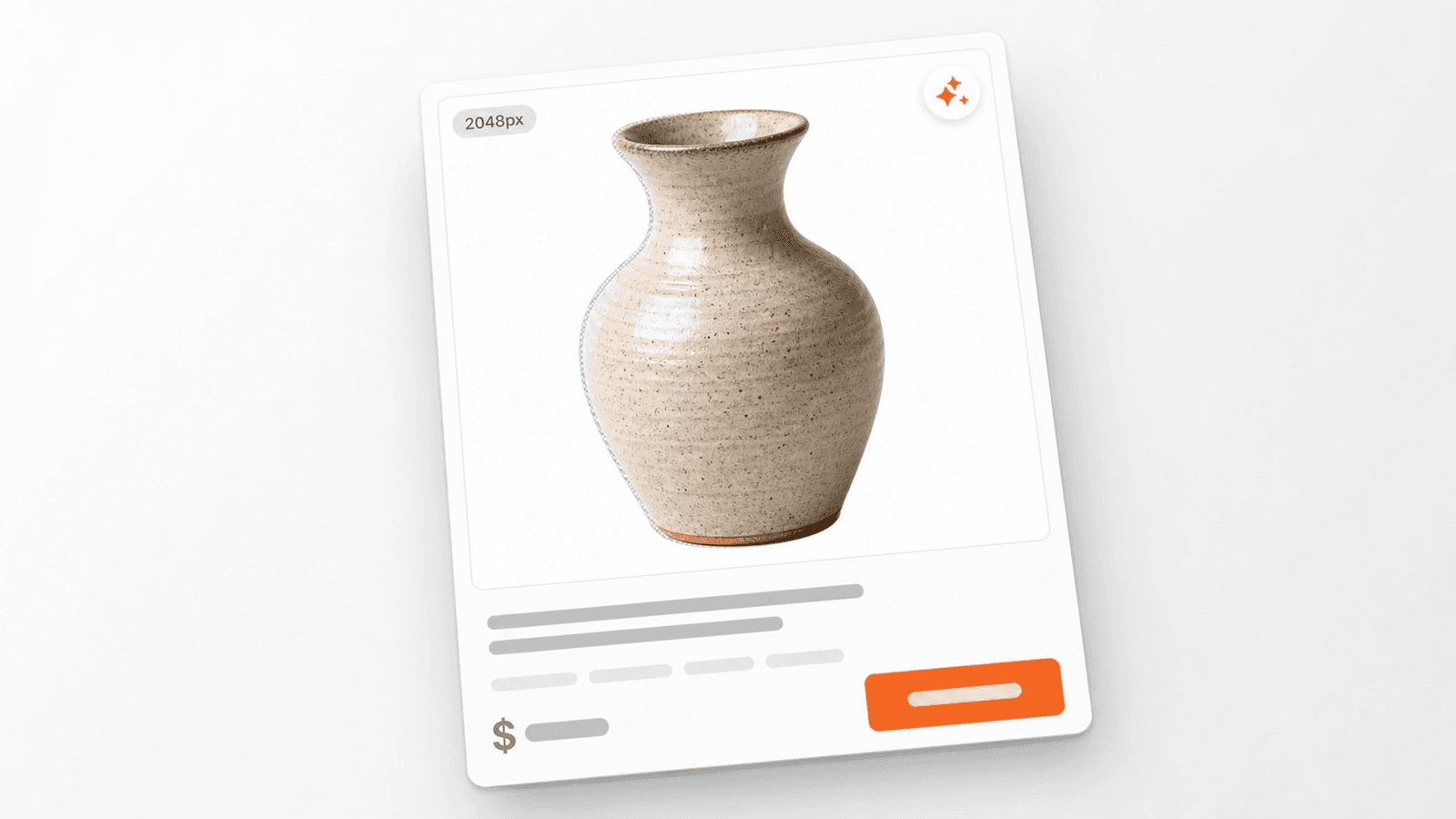 Marketplace product listing card mockup showing a ceramic vase cut out on white with a transparency-checkerboard edge and a 2048px resolution badge