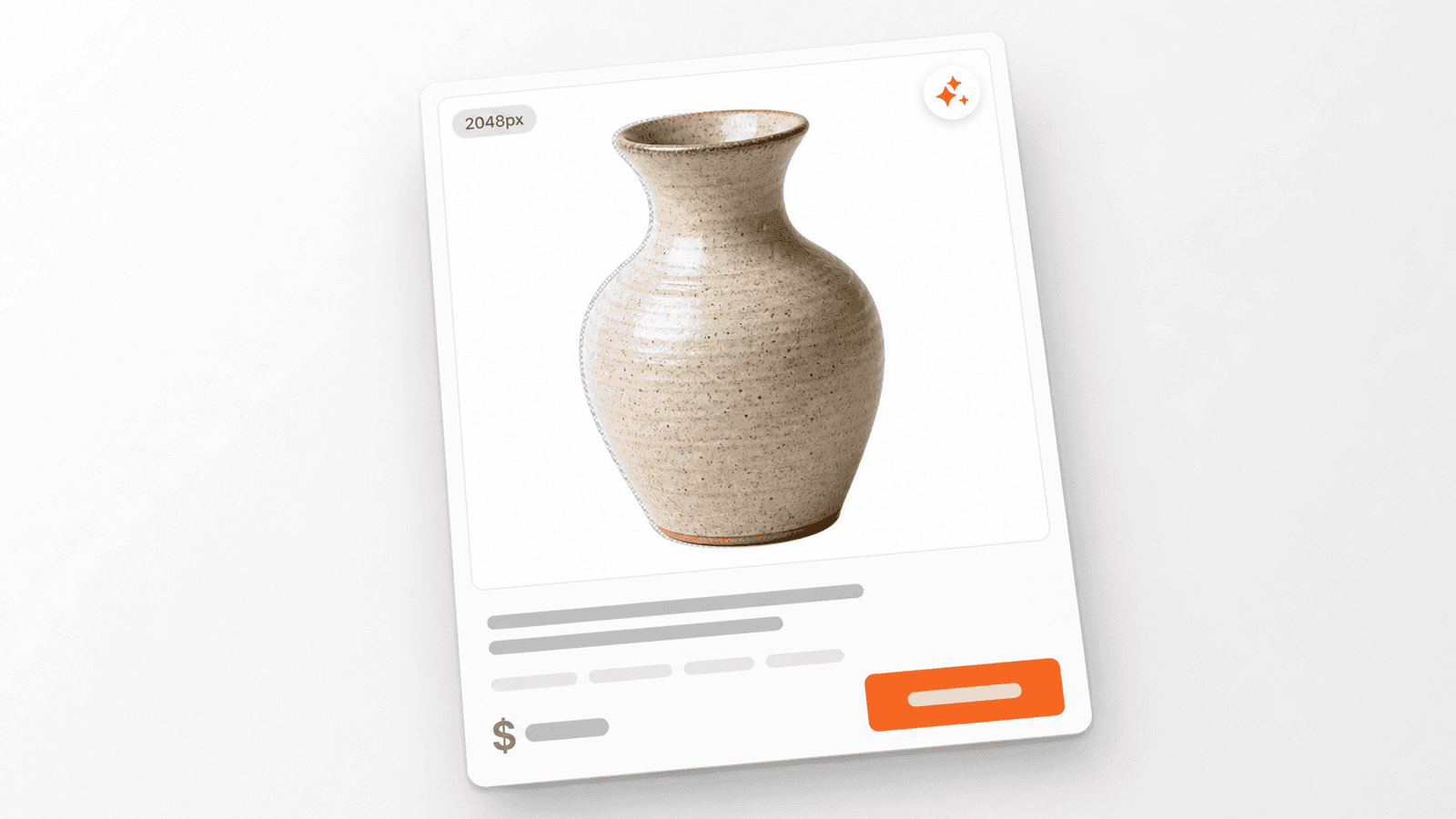 Marketplace product listing card mockup showing a ceramic vase cut out on white with a transparency-checkerboard edge and a 2048px resolution badge