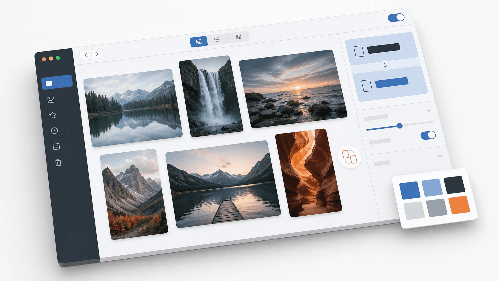 Mixed portrait and landscape photo thumbnails beside an orientation switch