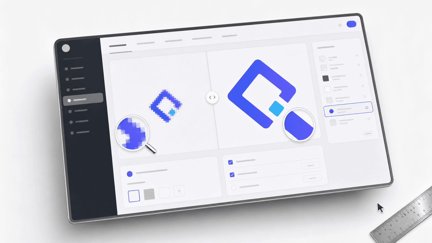 Brand settings mockup with a before-after slider showing jagged logo pixels becoming cleaner.