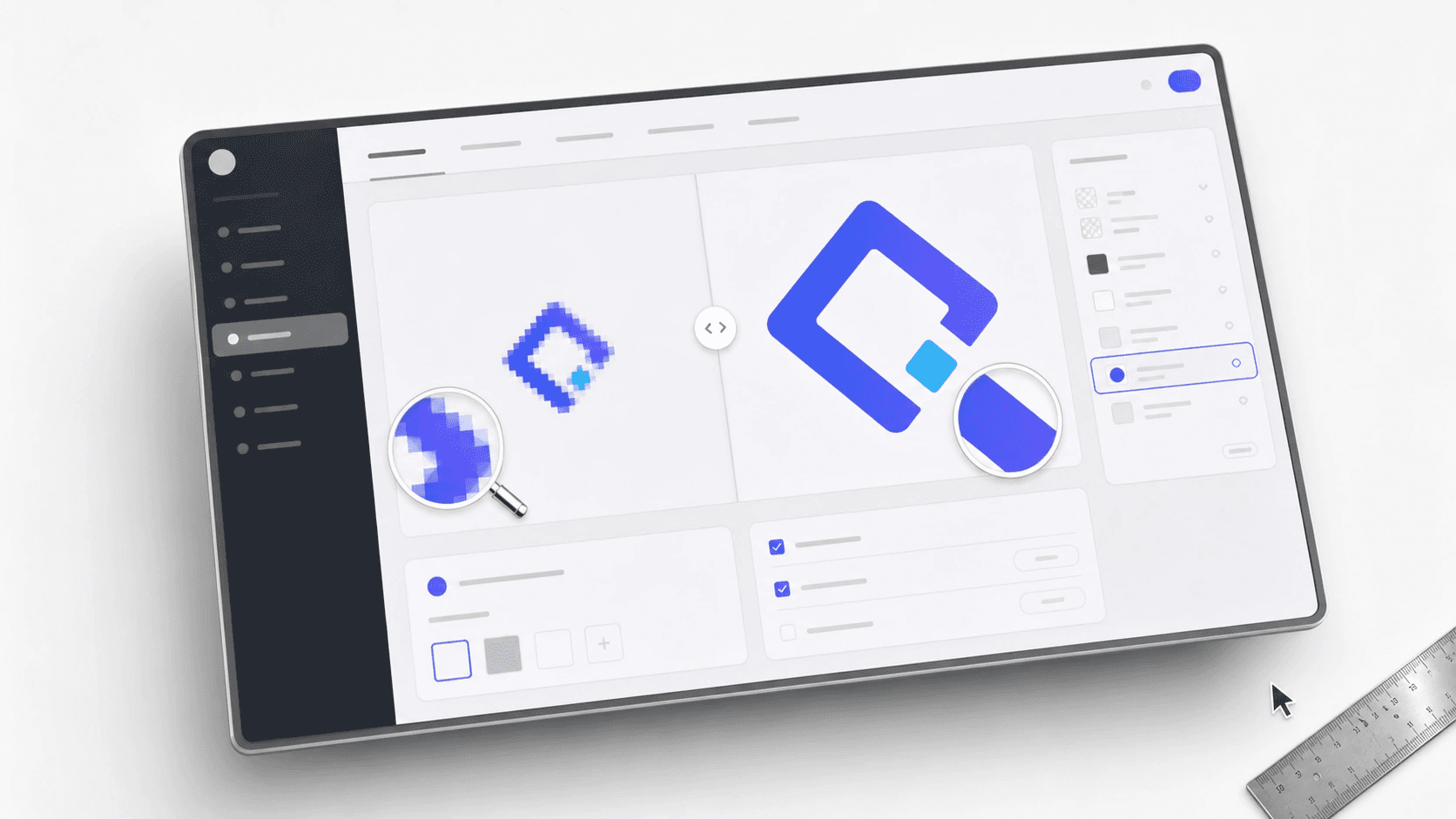 Brand settings mockup with a before-after slider showing jagged logo pixels becoming cleaner.