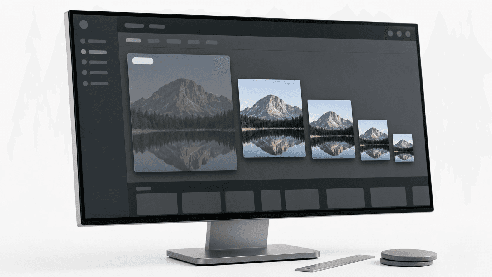Media library grid on a monitor, one large tile cascading into four smaller copies