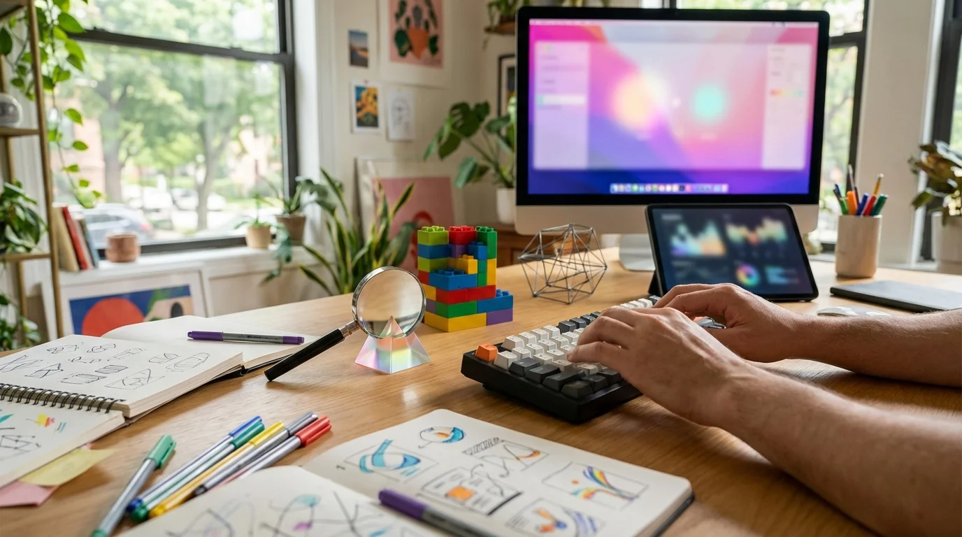 A person's hands are typing on a keyboard at a bright desk filled with creative tools and technology.