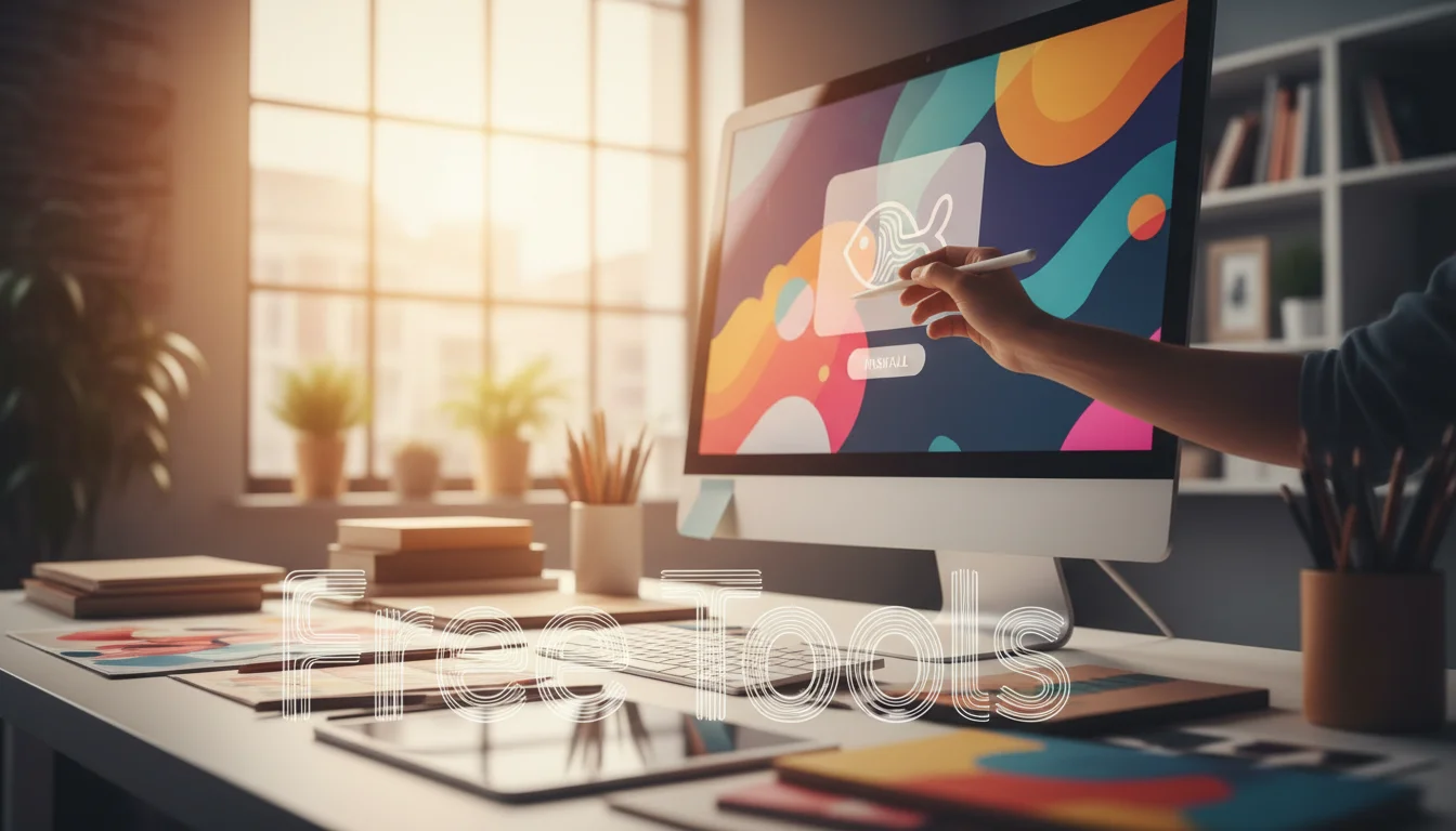 A creative workspace with a hand interacting with a digital design of a fish logo on a computer monitor, illuminated by warm 