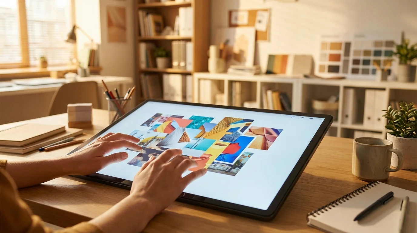 Person's hands interact with a large digital tablet displaying a colorful image collage in a well-lit home office.