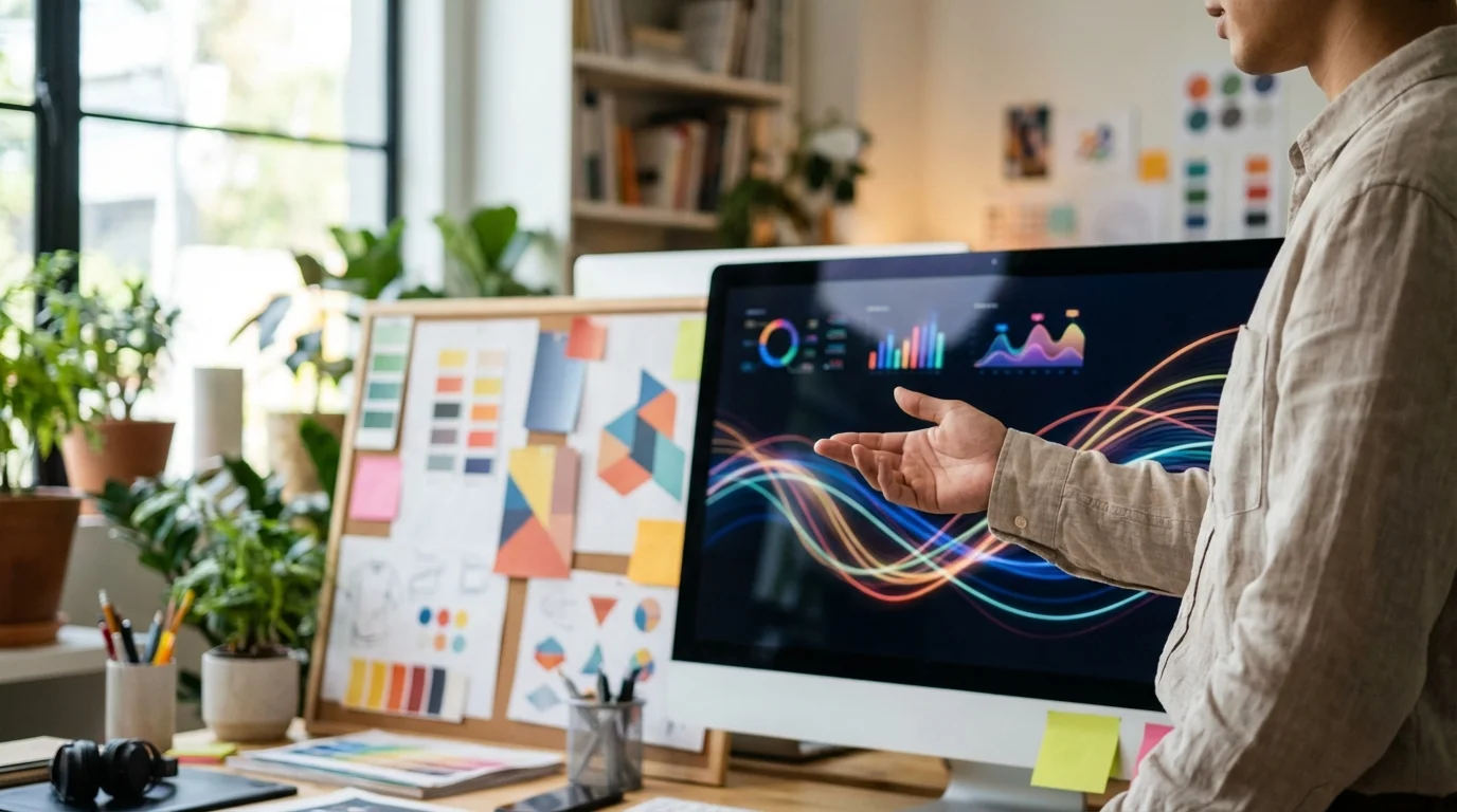 A person presents colorful data visualizations on a computer screen in a bright, modern office with plants and a design mood 