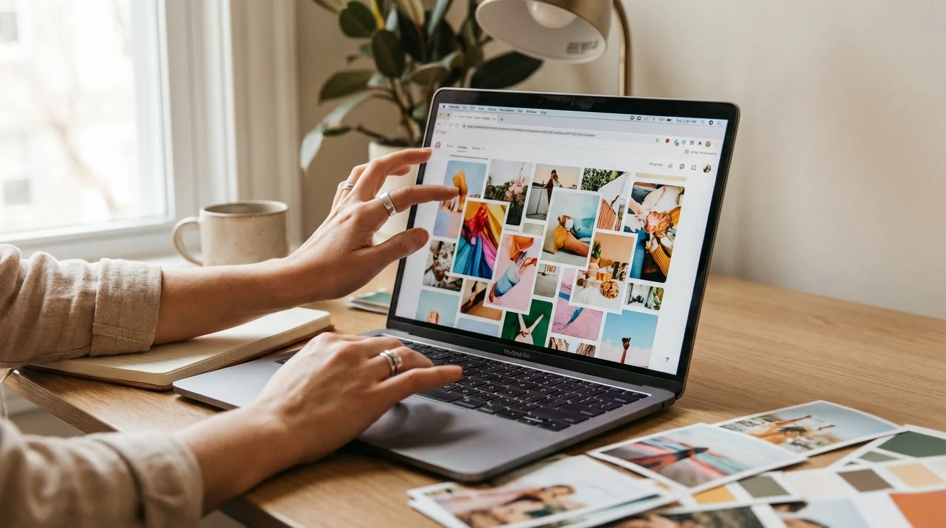 A person's hands interact with a laptop displaying a vibrant image collage on a bright wooden desk.