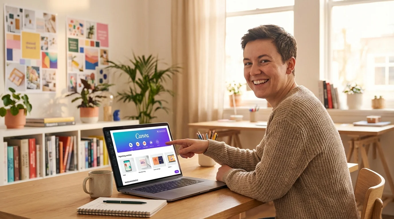 A smiling person points at a Canva interface on a laptop in a bright, modern home office.