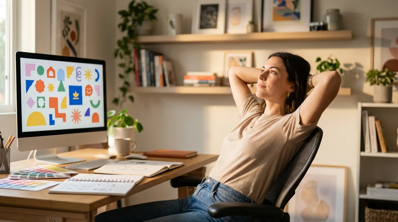 A woman relaxes in a modern home office, looking thoughtfully while a computer displays colorful graphic designs.