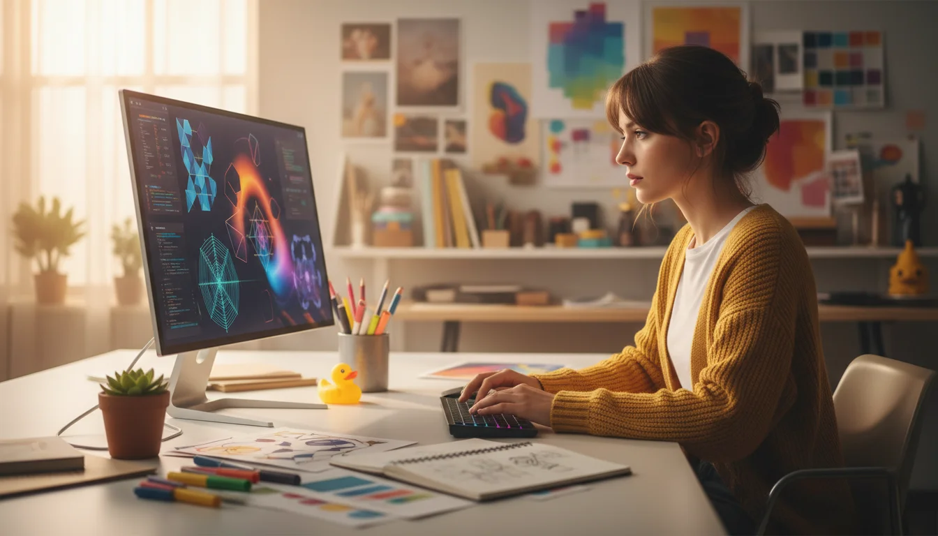 A focused woman in a yellow cardigan works at a computer in a brightly lit, organized creative office.
