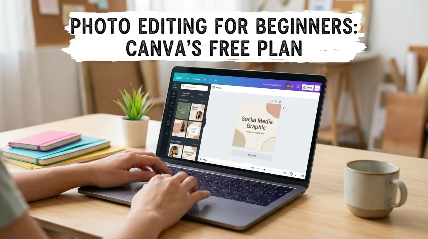A person uses a laptop displaying the Canva interface on a wooden desk with notebooks, a plant, and a mug.