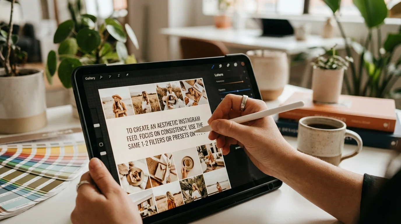 A person uses a stylus on a tablet displaying an aesthetic Instagram feed guide with multiple images.