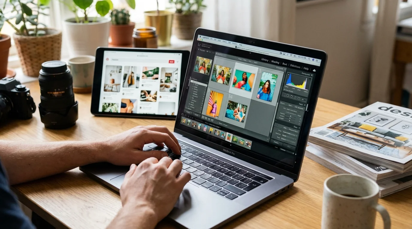 A person uses a MacBook Pro for photo editing, with a tablet, camera gear, and magazines on a wooden desk.