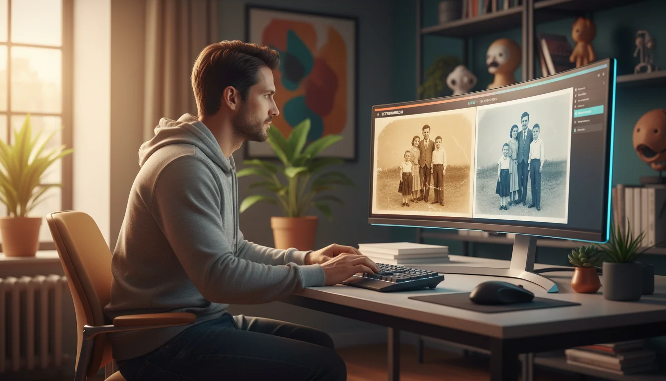 A man works at a desk on a computer displaying old family photos, likely for digital restoration, in a sunlit room.